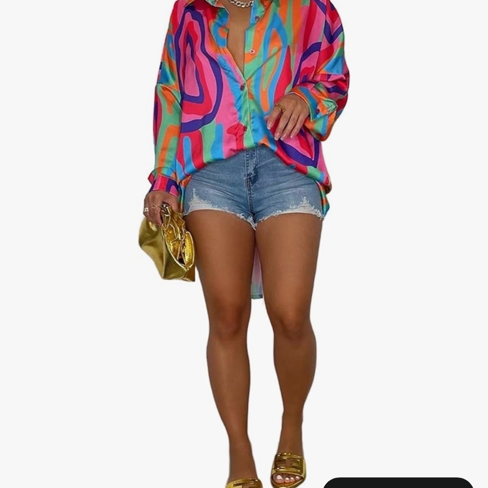 Colorful Womens Button Down Collared Long Shirt Mini Dress - Picture 9 of 11
